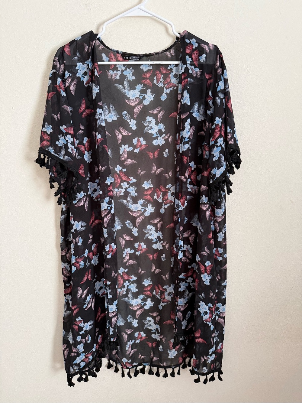 SHEIN Black Sheer Butterfly & Floral Tassel Kimono
